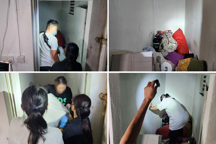 a four photo collage of images showing police officers searching a storage area and finding a missing staff