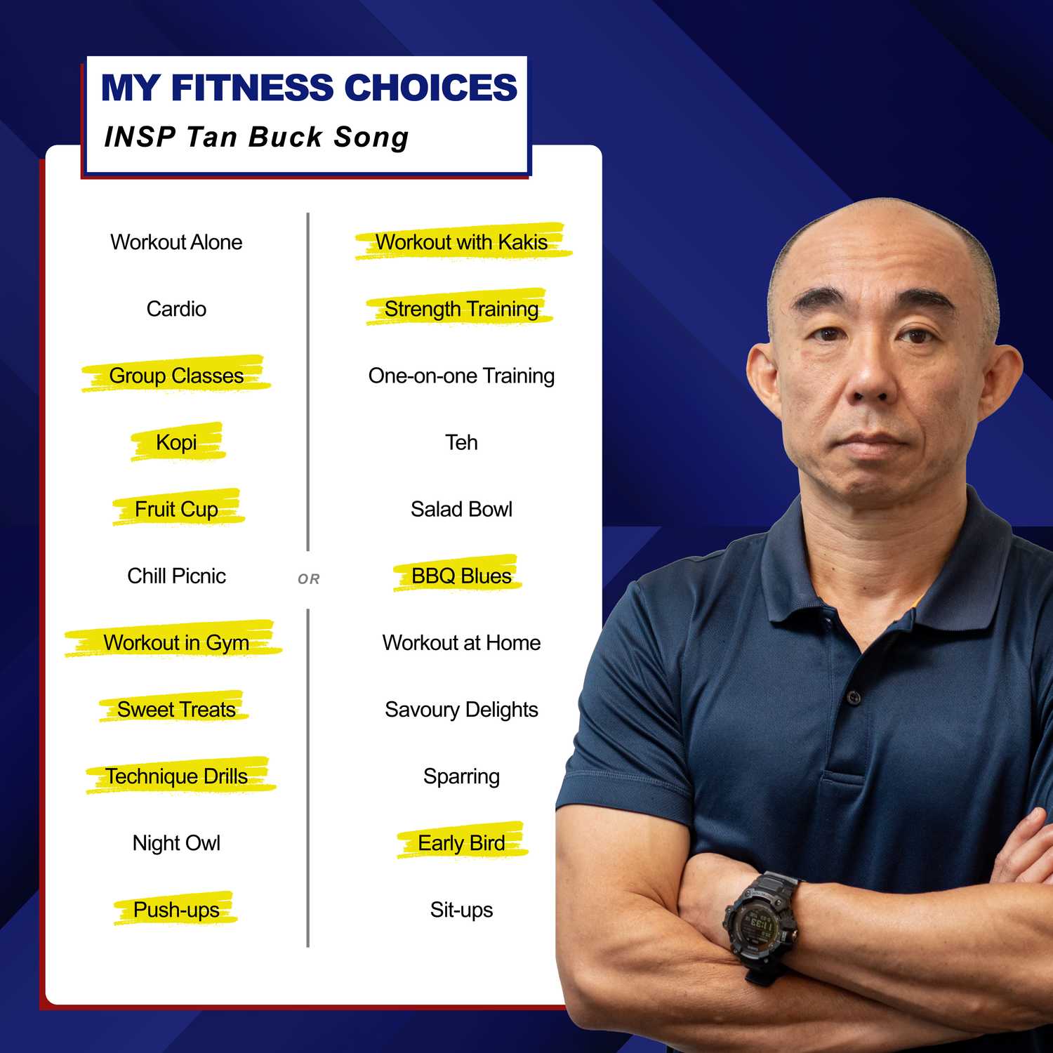 SPF Fit's 'This or That' segment, listing out some of Inspector Tan Buck Song's preferences on certain things. 