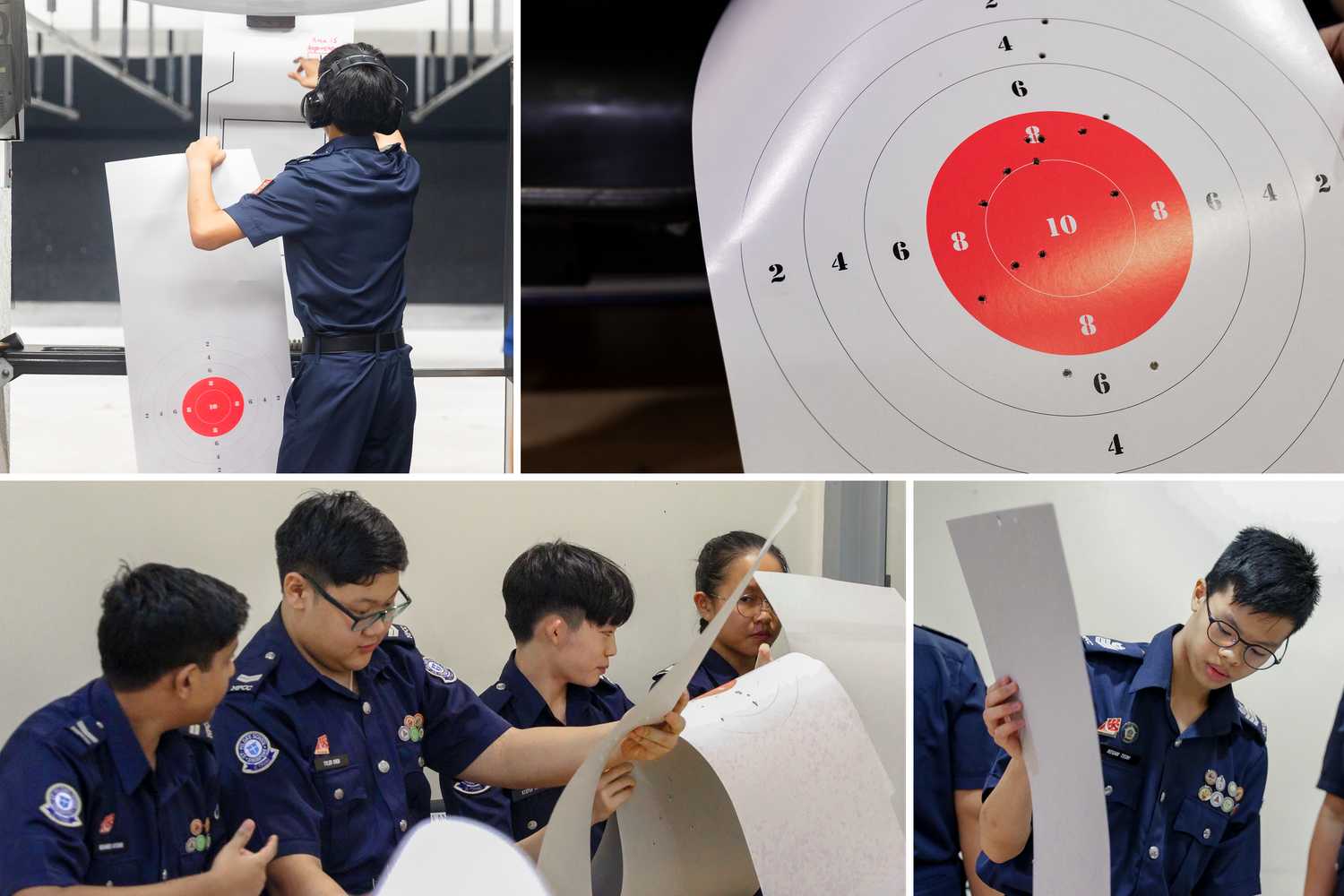 4 photos merged, 2 on top, 2 below. Top right is of bullseye target with bullet holes. Top left is of male Cadet removing his bullseye target from range. Bottom right is of male Cadet counting his points. Bottom left is of 4 male Cadets looking at their targets and engaging in a conversation. 