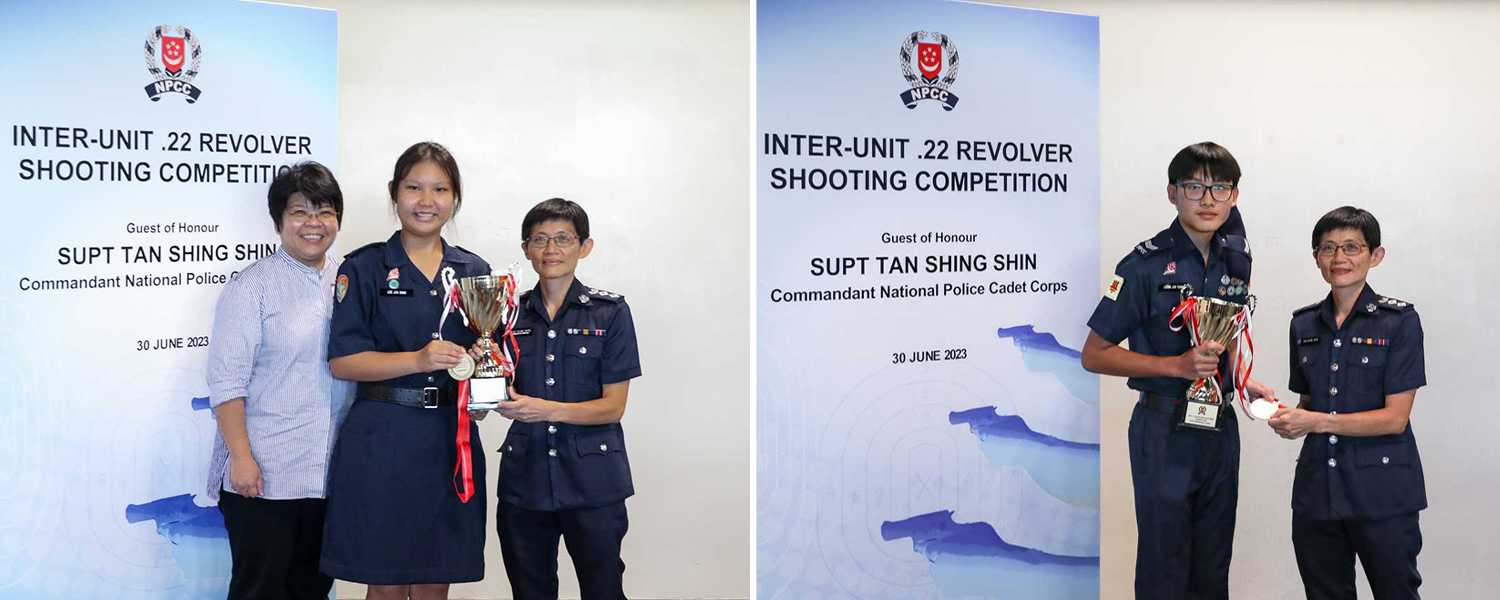 2 photos side by side. On the right is male Cadet champion from Hwa Chong Institution, on the right is female Cadet champion from Nanyang Girl's High School. Both Cadets posing with Superintendent Tan Shing Shin, Commandant NPCC. Nanyang Girl's High School Principal is also posing with the female Cadet champion.