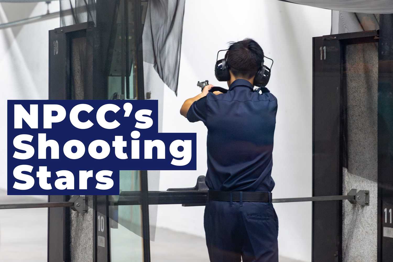 Preview photo, male NPCC Cadet shooting at the target in the range, the article title NPCC's Shooting Stars header in white and navy blue. 