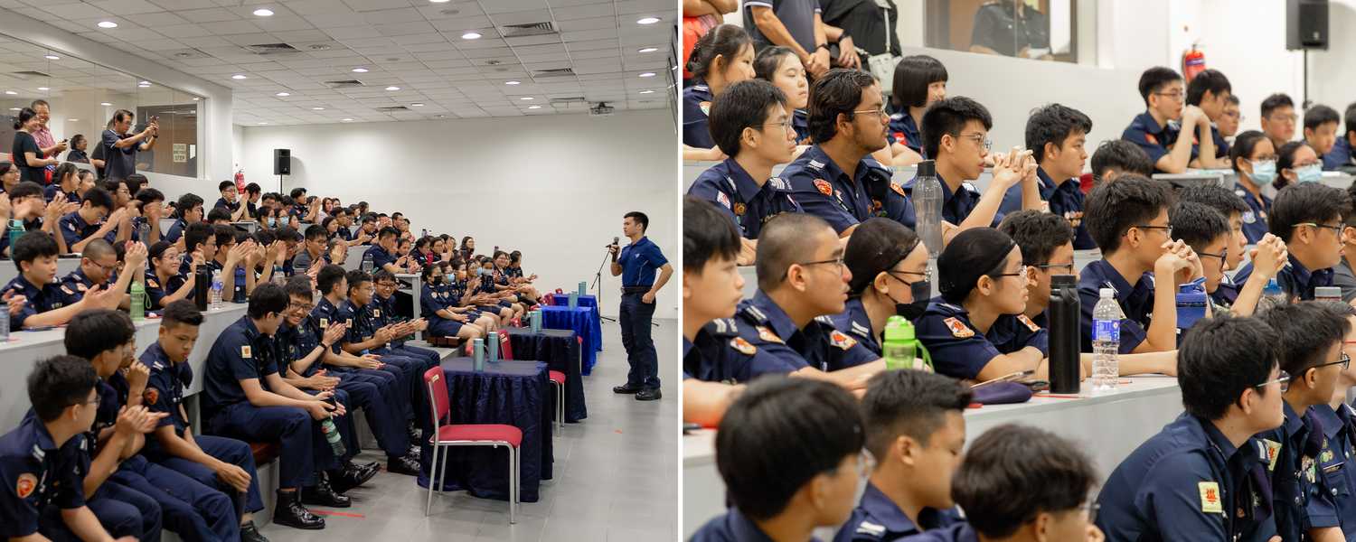 2 photos side by side, photo on left of trainer explaining safety protocols with microphone to the NPCC Cadets in viewing gallery, photo on the right is a close up of NPCC Cadets listening intently.