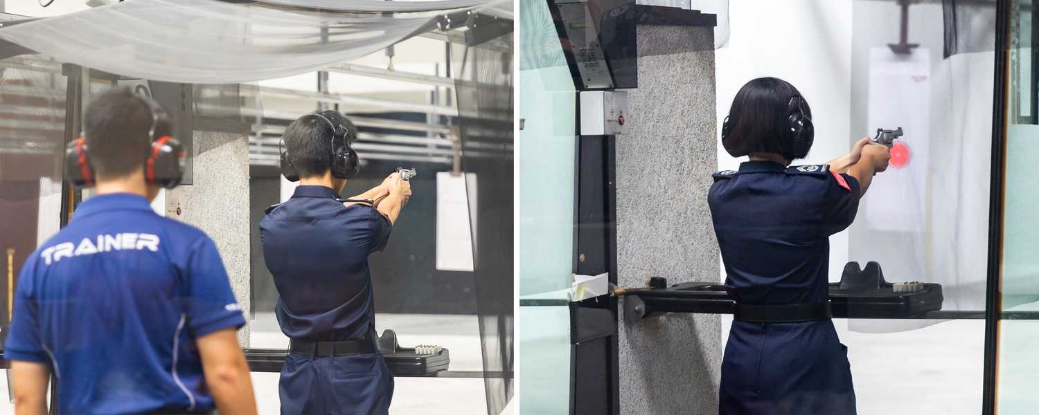2 photos side by side, photo on left is of a male Cadet shooting in the range with a trainer standing a distance behind him, photo on the right is a female NPCC Cadet shooting in the range. 
