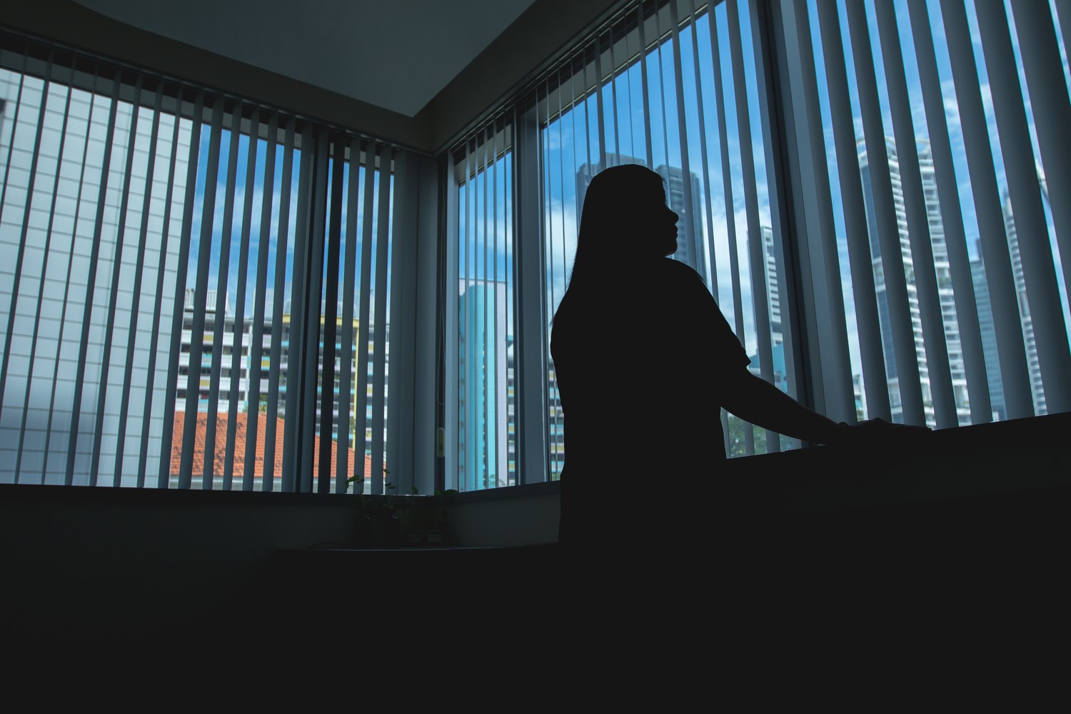 a female silhouette standing facing the window blinds. The woman is seen to have slightly long and straight hair and appears to be wearing a polo tee