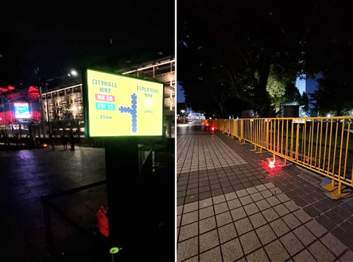 There are 2 side-by-side photos. The photo on the left is of an LED sign board in the dark which guides pedestrians and parade-goers to the NDP area with ease. The photo on the right is of red runway lights placed on the floor to guide pedestrians.