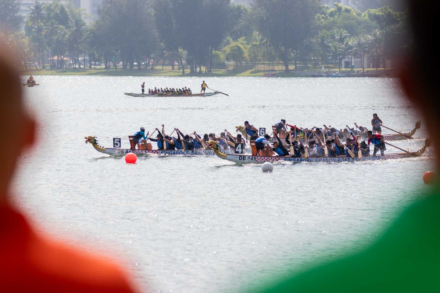 two dragonboats out on the water with paddlers rowing hard, framed by two spectator's shoulders on the shoreline looking on