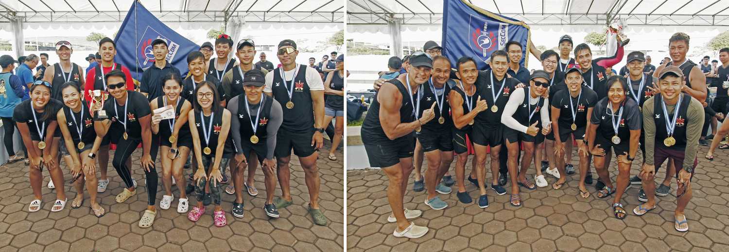 two team photos of two rows of people in black singlets and medals around their necks