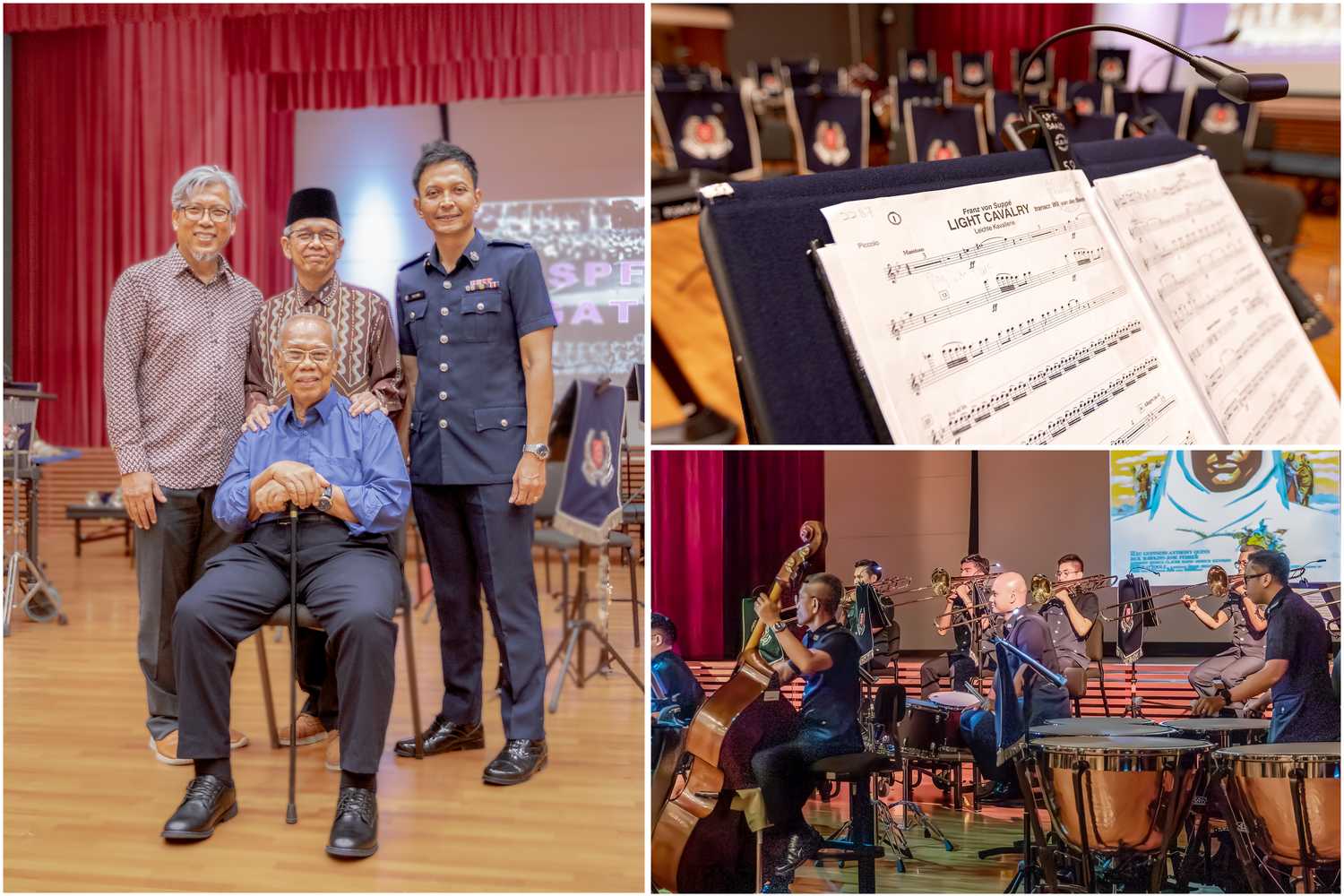 A cover image is split into three tiny images consisting of: (1) the four interviewees posing together, where Mr Mohamed Salleh Bin Kandar is seated and the remaining three standing behind him. (2) A scoresheet of Light Cavalry. (3) A shot of the band performing.