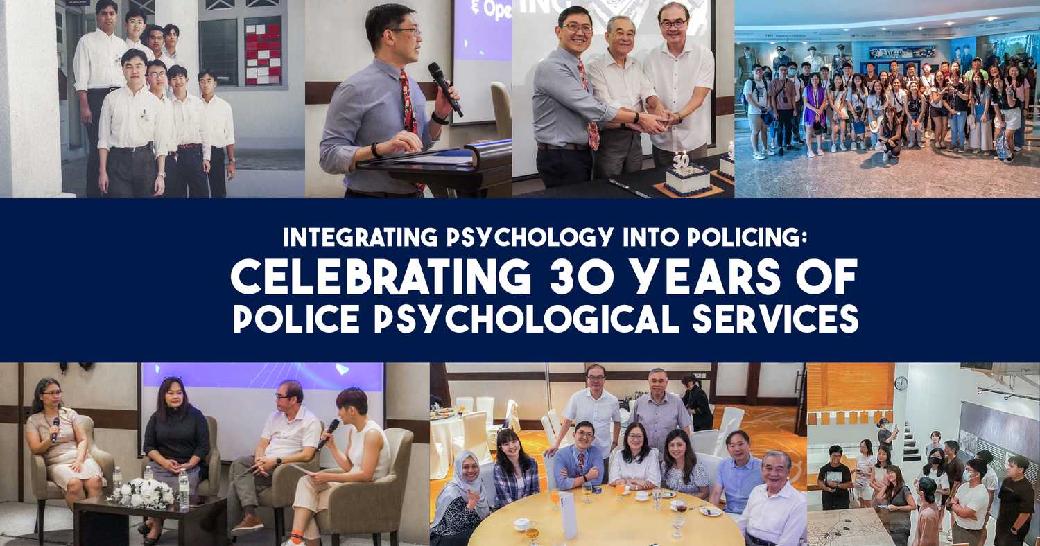 A collage of officers and PPSD psychologists at talks. There is a title in the middle of the picture, it reads: 'Integrating Psychology into Policing: Celebrating 30 Years of Police Psychological Services'.