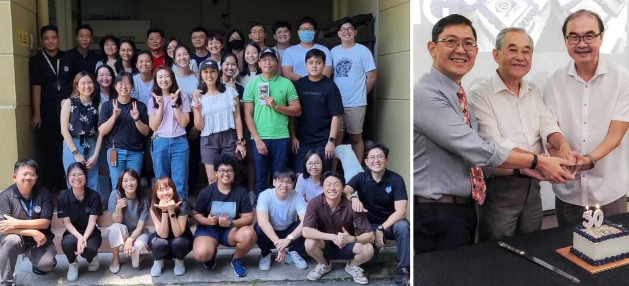 A photo split into two frames. On the left frame are PPSD officers posing in a group photo at the end of the heritage trail; celebrating the PPSD’s 30th anniversary. On the right frame are the Director PPSD, Mr Jansen Ang and pioneering Police psychologists Mr Fred Long and Mr Peter Tan posing in a photo.