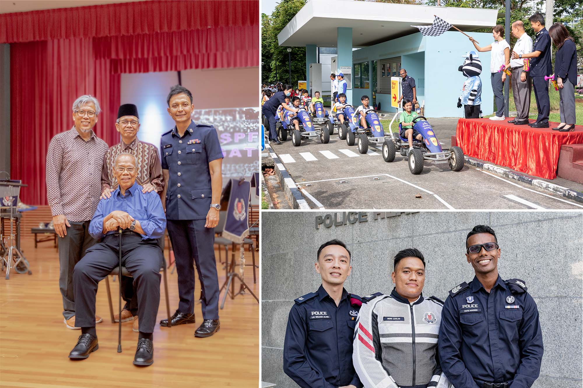 A compilation of Amanda Wong's favourite photos from her assignments. There are three photos in the collage. The photo on the left depicts her meeting past and current members of the SPF Band. The top-right photo depicts an event at the Singapore Traffic Games. The bottom-right photo depicts three officers who worked together to apprehend a drunk-driving suspect.