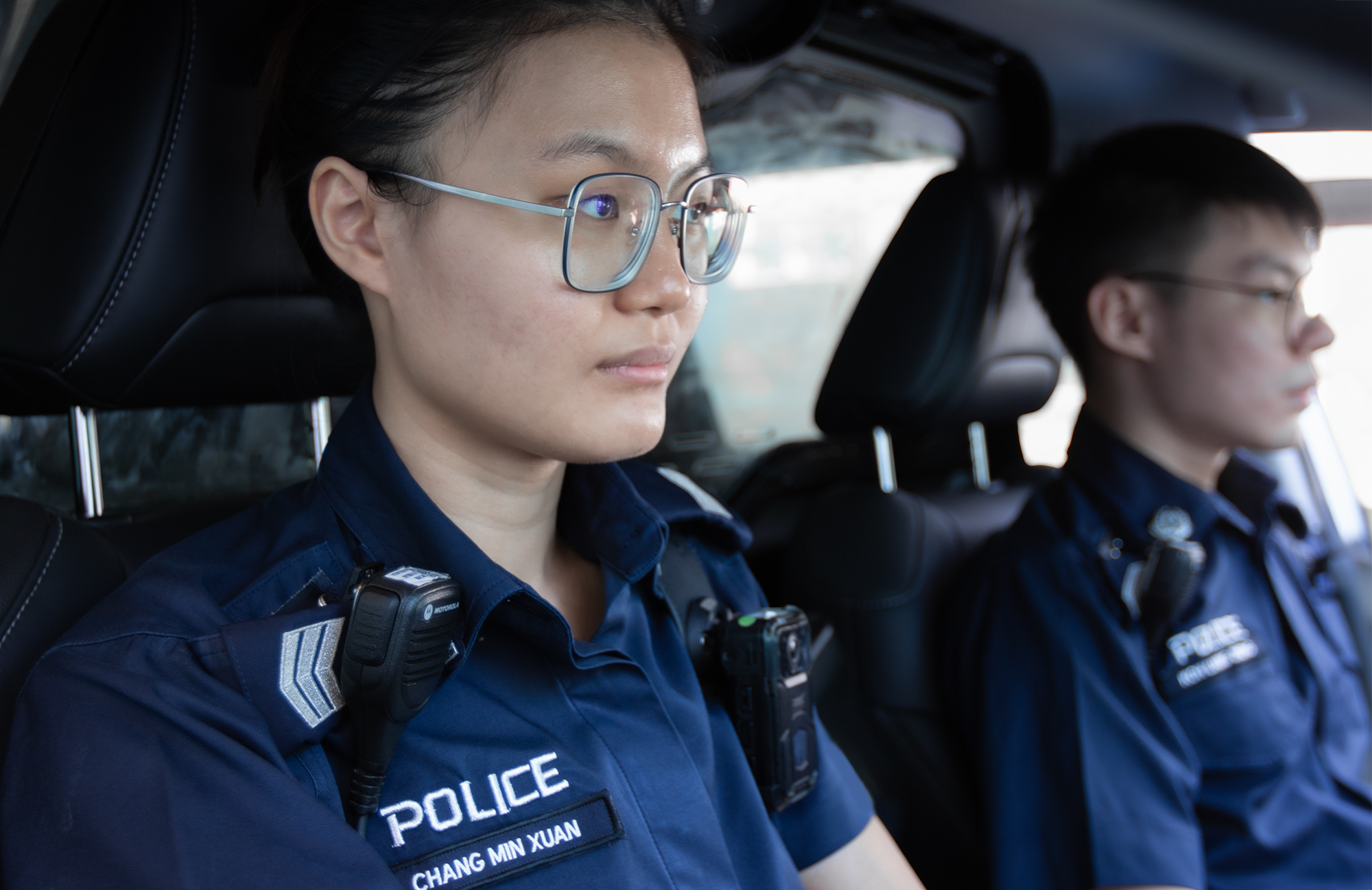 Sgt (V) Chang on patrol duties with her partner, Special Constable Koh Liang Zheng. PHOTO: Alethea Lee