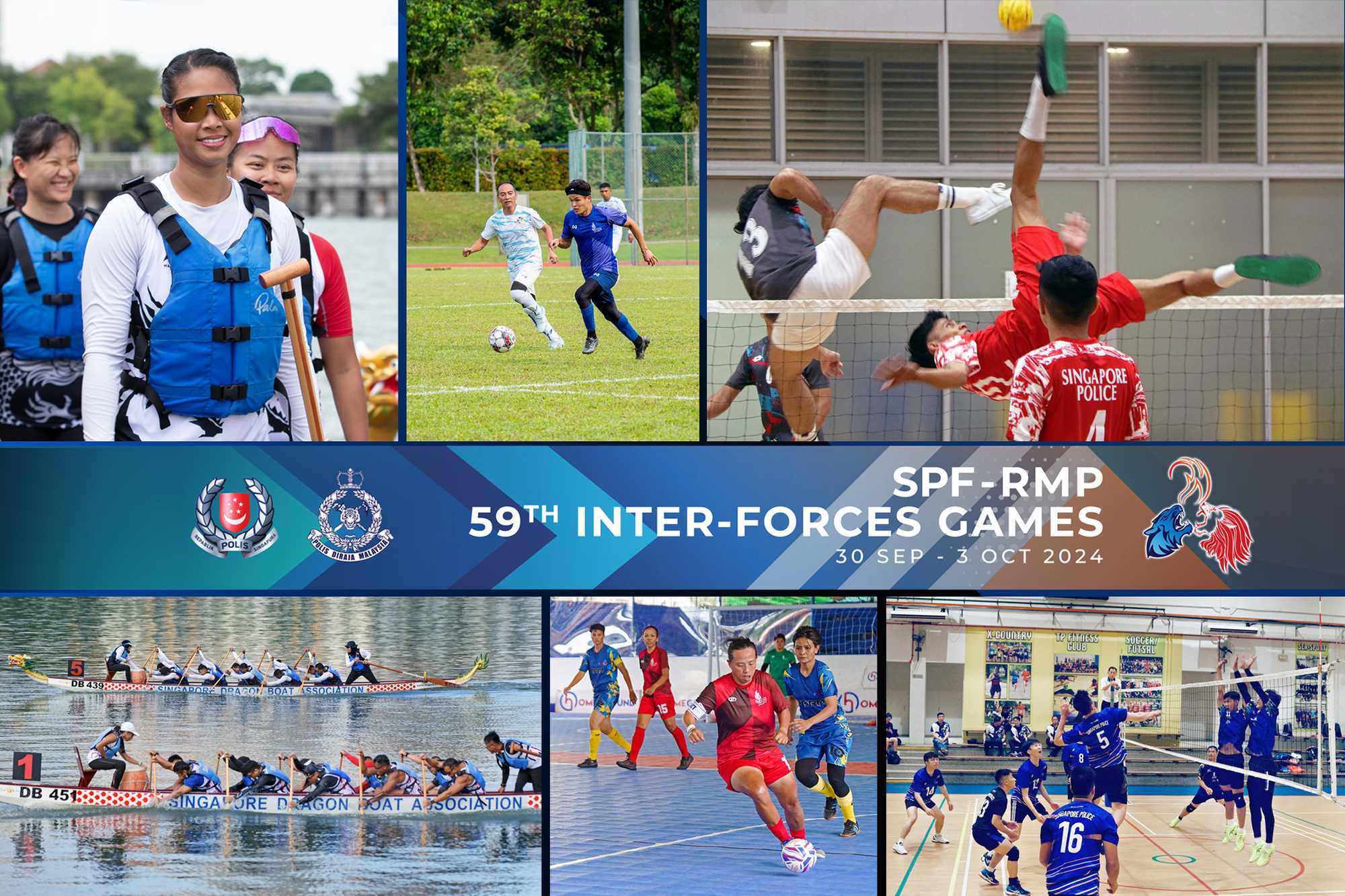 teaser image containing different sports events for the singapore police force, in bright coloured attire