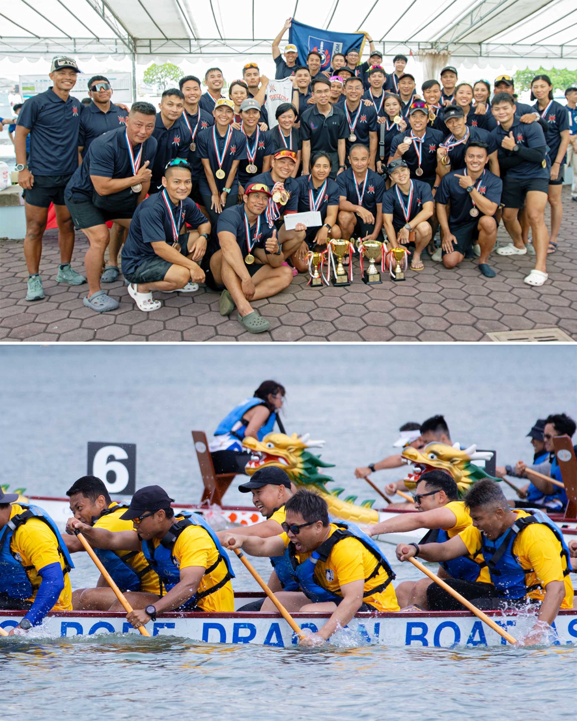 a close up shot of dragonboaters wearing yellow