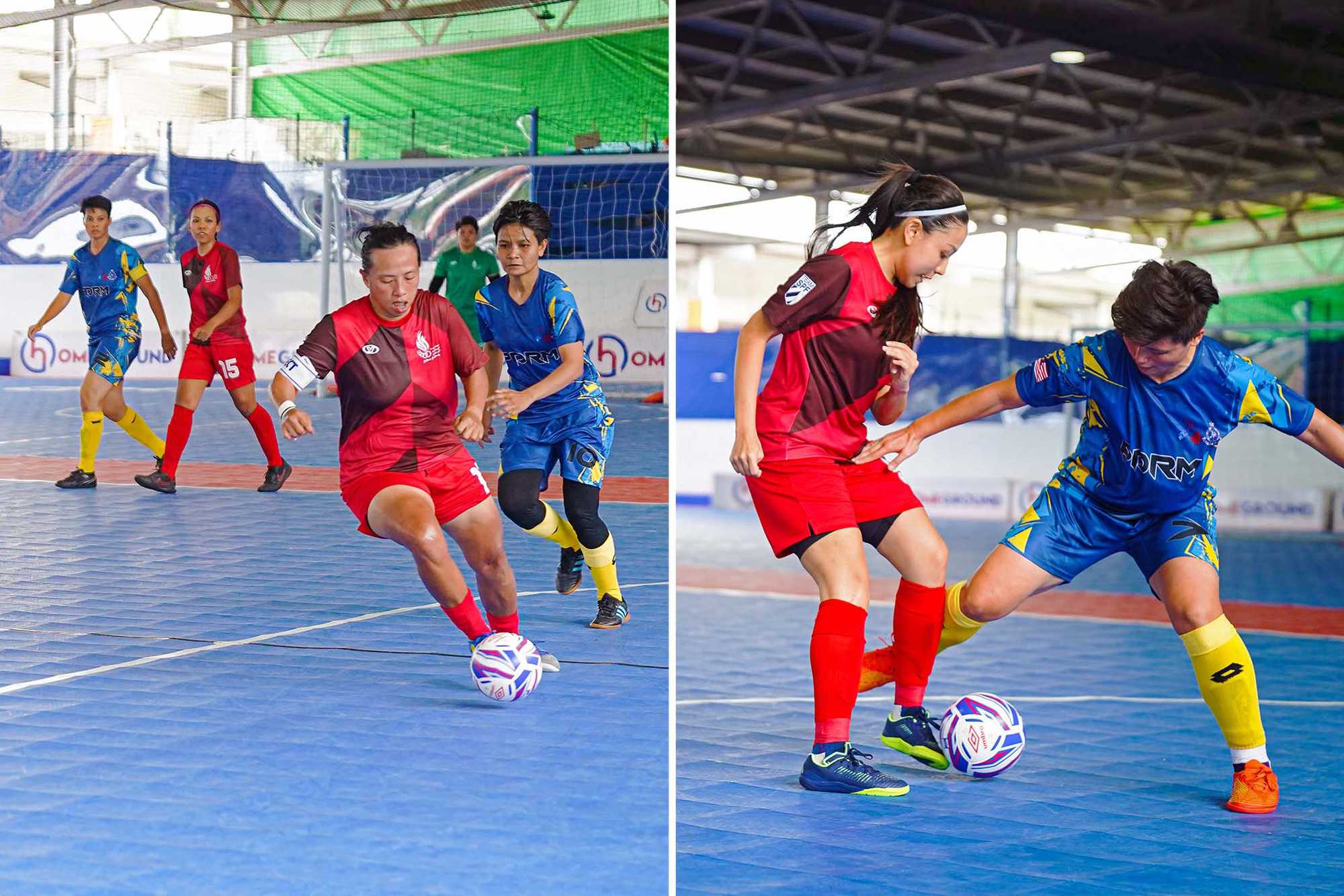 footballers playing futsal, all female players