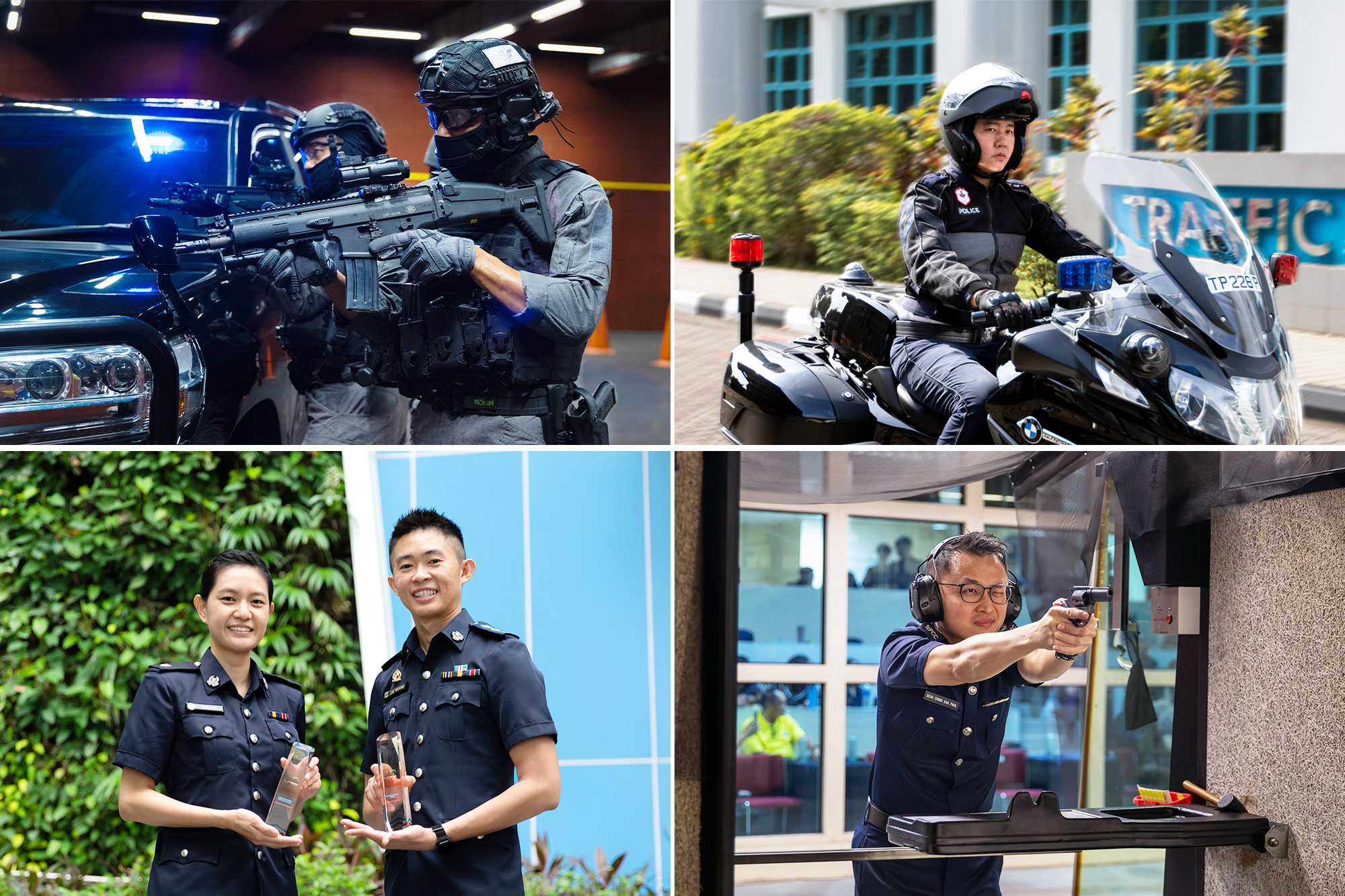 four photo collage of different officers in poses