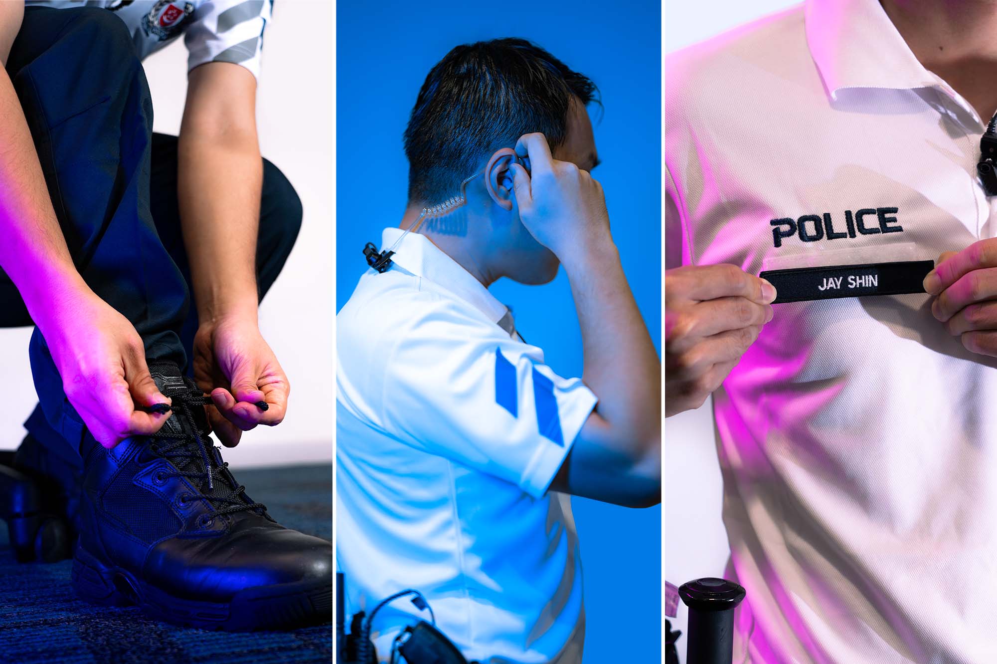 three photo collage of officer tying shoelace, fixing earpiece and putting on nametag