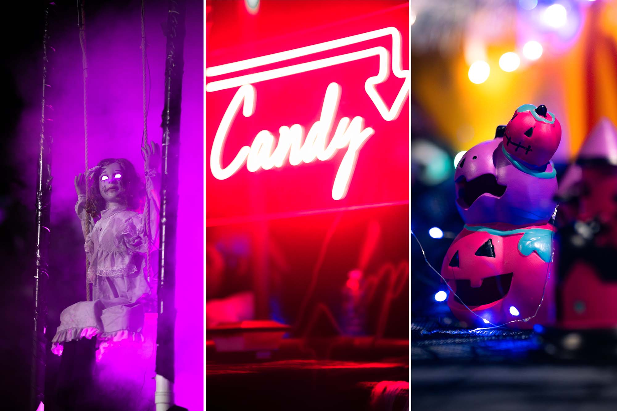 three photo collage of halloween decorations. First is of the annabelle doll, second of a neon sign stating "candy here", and the last is of lit pumpkins