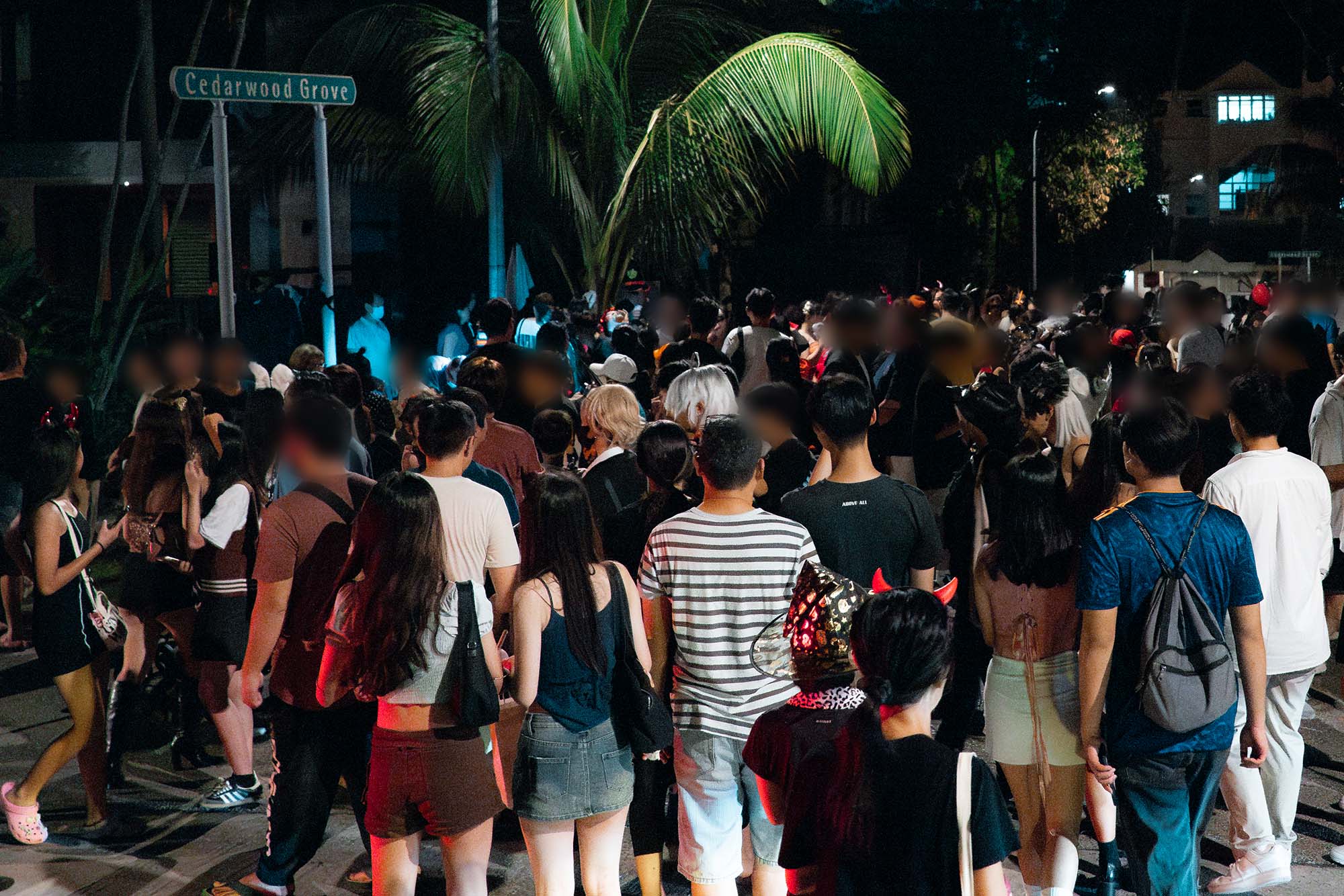 a view of the crowd. Many people seen walking on the road