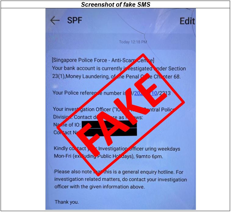 Police Advisory – Fake Sms Claiming To Be From The Singapore Police Force
